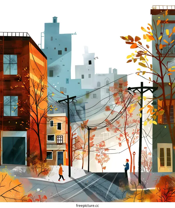 Autumn Street Scene with Two People in City
