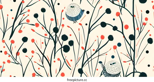 Abstract Winter Pattern with Birds and Berries