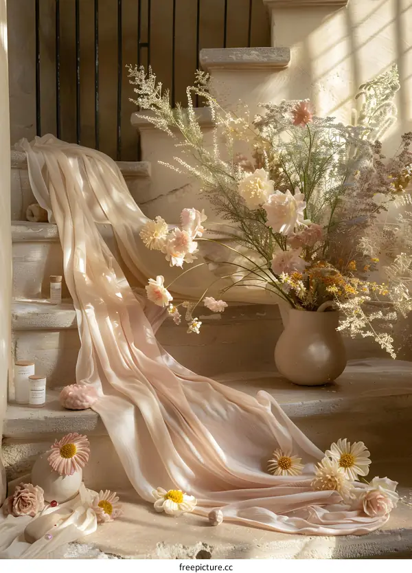 Beautiful Floral Arrangement with Sheer Fabric on Stone Stairs