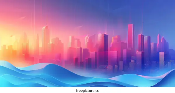 Cityscape illustration with blue and purple gradient background