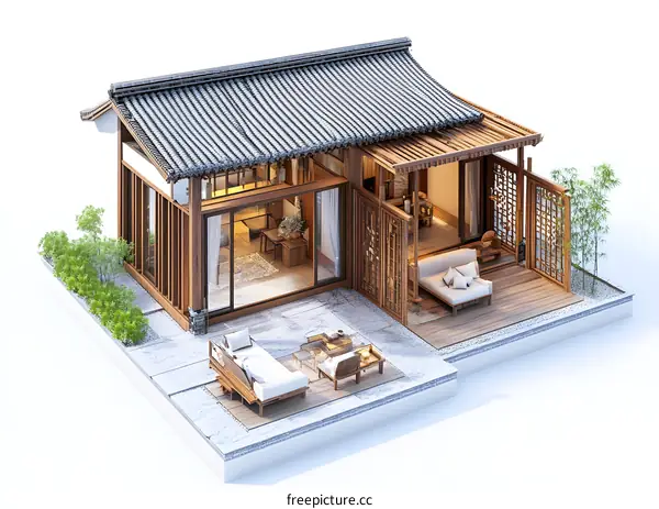 Modern Minimalist Chinese Style Wooden House with Garden