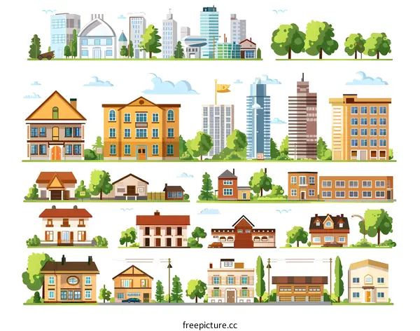 Colorful Set of Cartoon City Building and House Illustrations