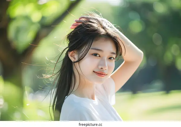 Smiling Asian Woman with Long Hair in a Park
