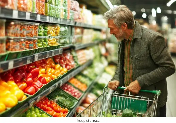 Senior Caucasian Man Shopping for Groceries in Supermarket