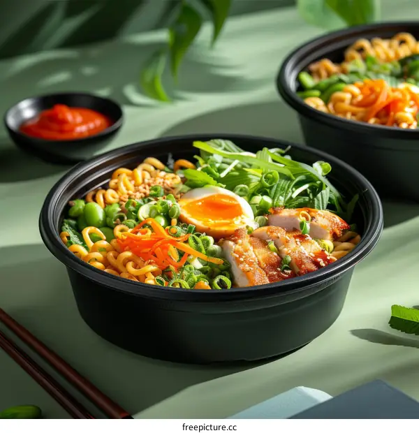 Noodles with chicken, vegetables and egg in a black bowl