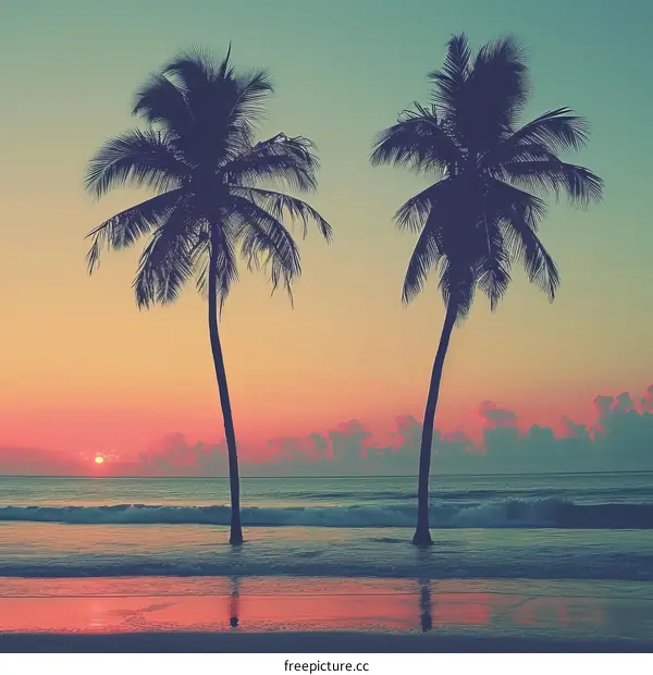 Two palm trees on a beach at sunset