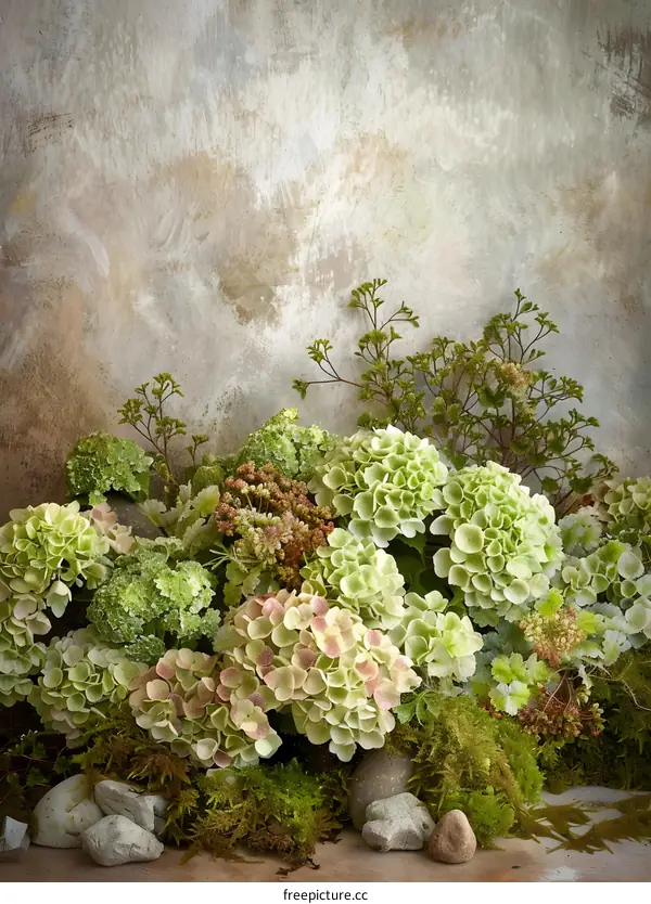 Green Hydrangea Flowers with Stones and Moss