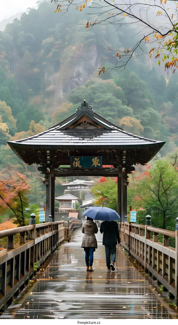 Couple Walking Through a Traditional Japanese Gate in the Rain