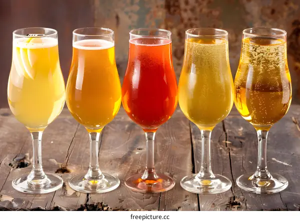 Five Glasses of Different Kinds of Beer on Wooden Table