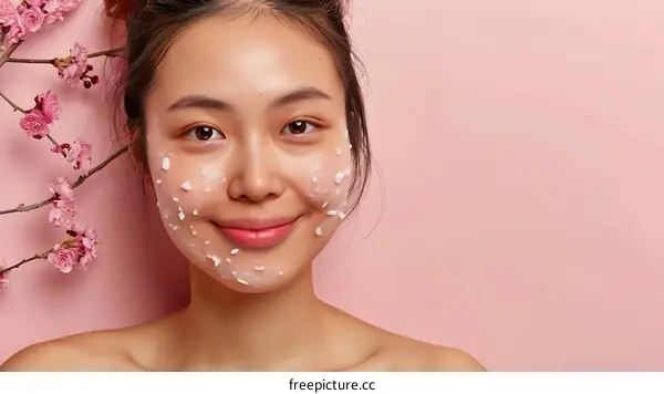 Woman with Skincare Face Mask Against Pink Background