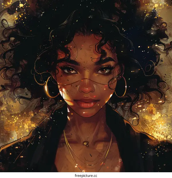 A portrait of a beautiful black woman with curly hair and gold earrings.