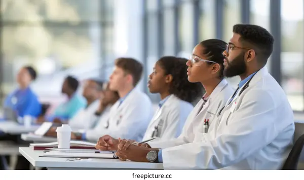 A group of diverse medical professionals are sitting in a conference room listening to a lecture.