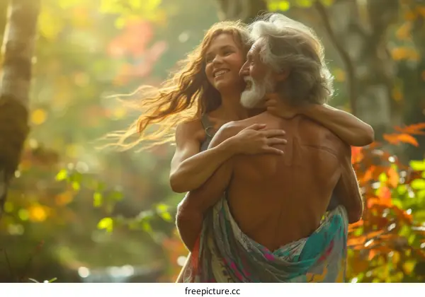 An old man and a young woman are hugging in the woods.