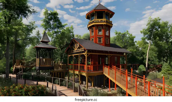 Wooden Tower Playground Structure in the Forest