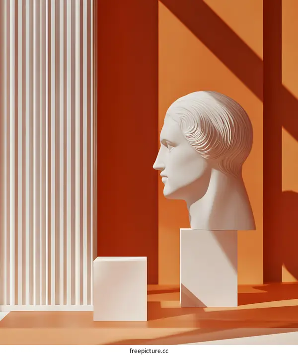 White Marble Bust Statue With Orange Background And Shadows