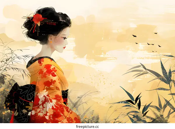 A young woman in a kimono standing in a field of tall grass looking at a flock of birds flying overhead