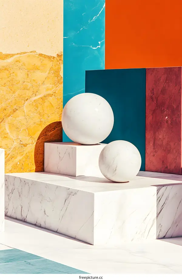 Abstract Background with Colorful Walls and Marble Sphere