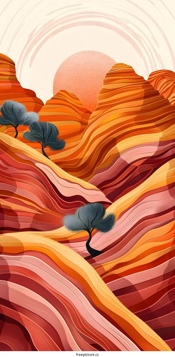 Abstract Landscape Illustration With Wavy Layers Of Orange, Red, And Pink