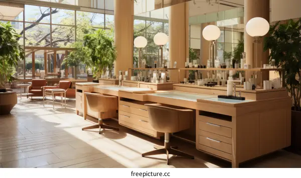 Modern Beauty Salon with Wooden Furniture and Large Window