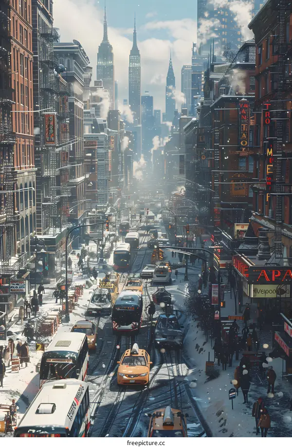 A bustling city street with people and traffic