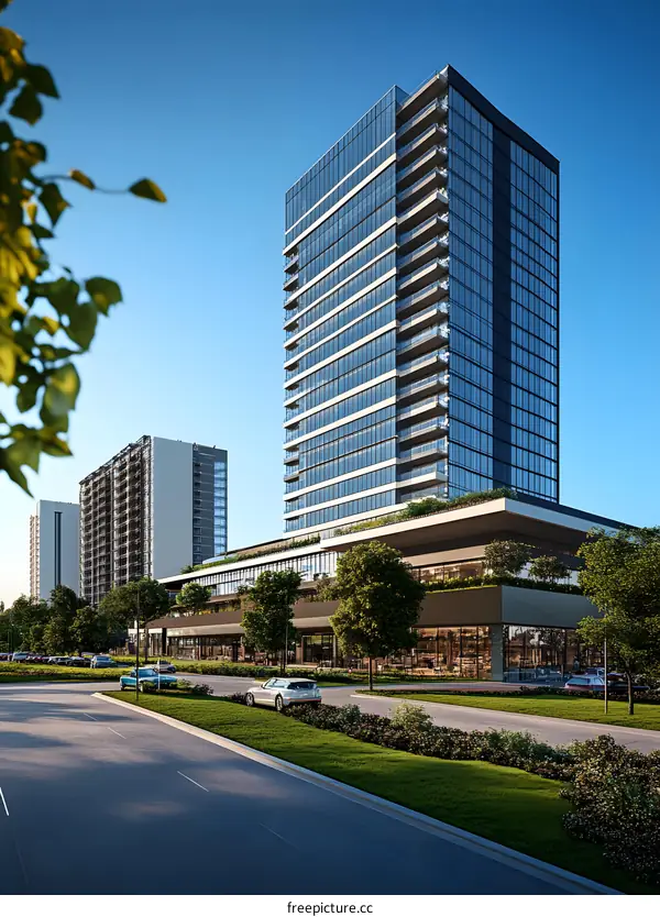 Modern Glass Building with Green Landscaping