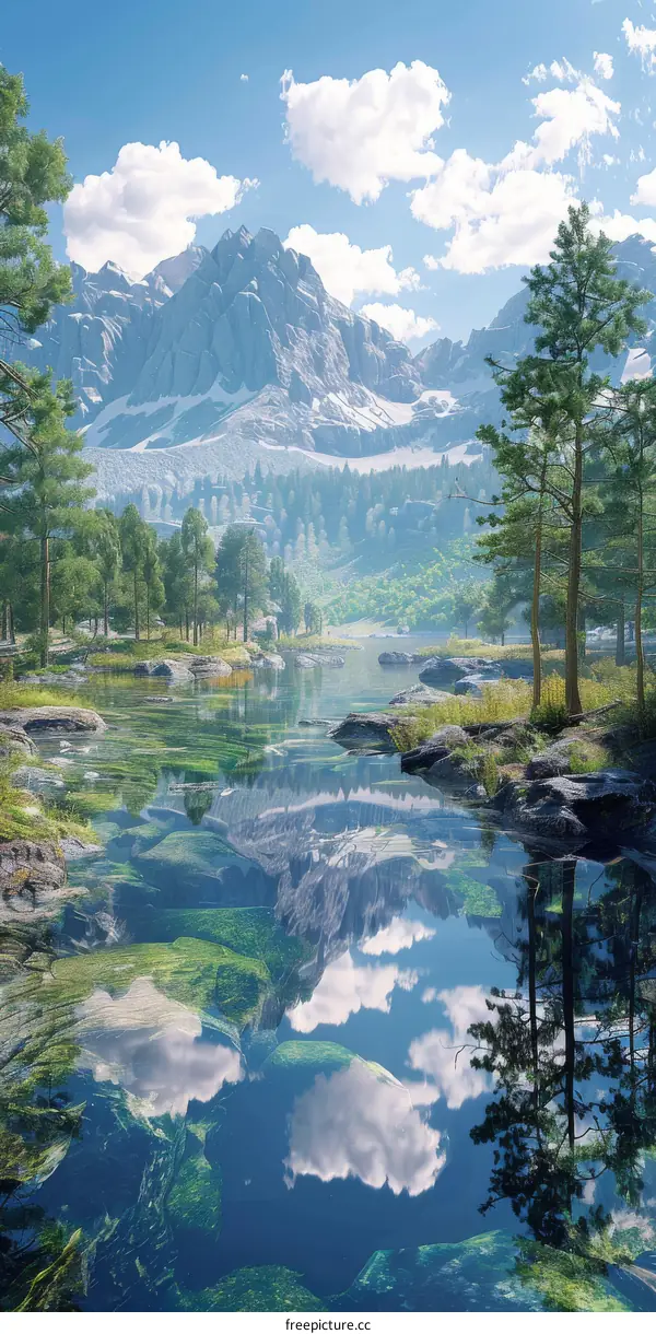 Majestic Mountain Range with River and Forest