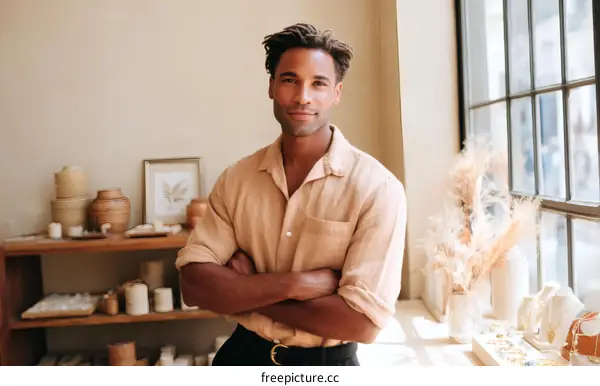 A Black Male Artisan in a Light Beige Shirt