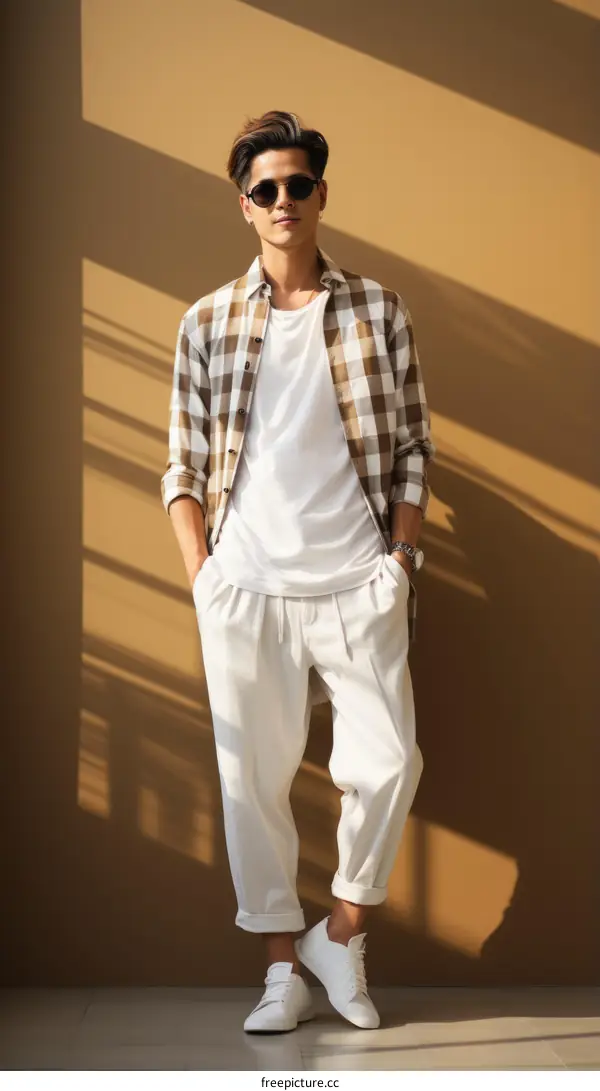 Asian man wearing a brown and white plaid shirt with white pants and white shoes