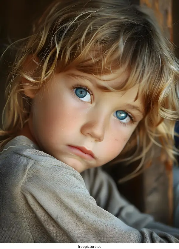 Portrait of a young boy with blue eyes and blond hair