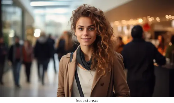 Portrait of a young woman with curly hair smiling at the camera