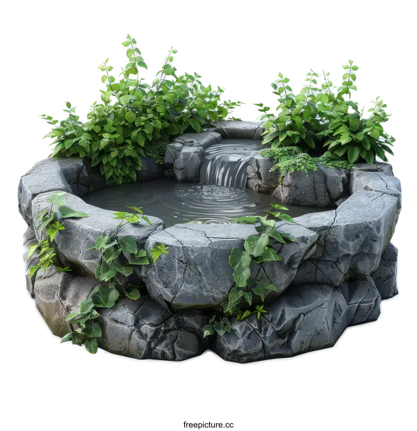 [Transparent Background PNG]Rock Garden Waterfall Feature with Lush Greenery