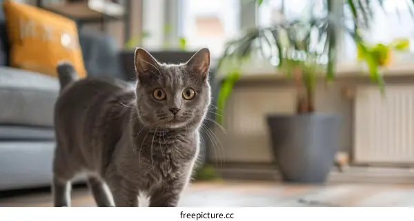 A cute gray cat is walking towards the camera in a living room