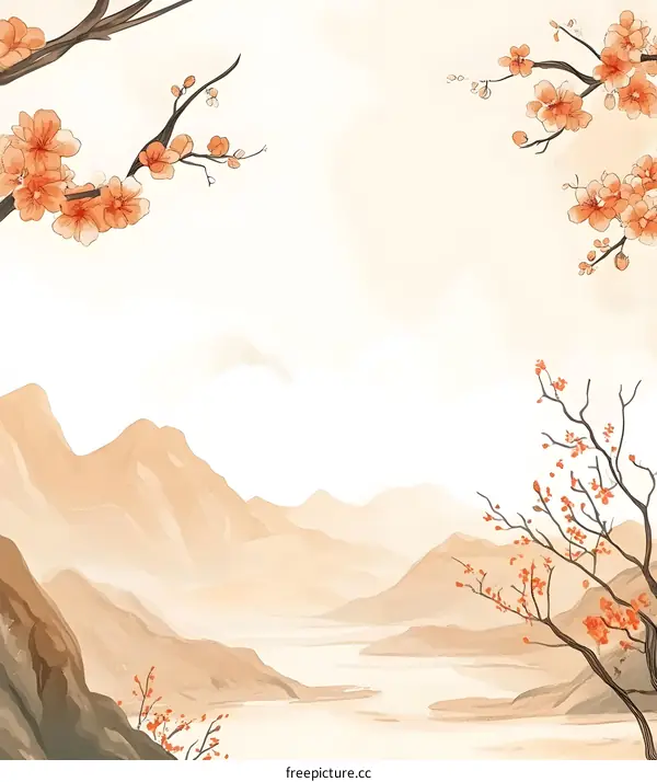 Beautiful Watercolor Landscape Painting of a Mountain Range with Peach Blossoms