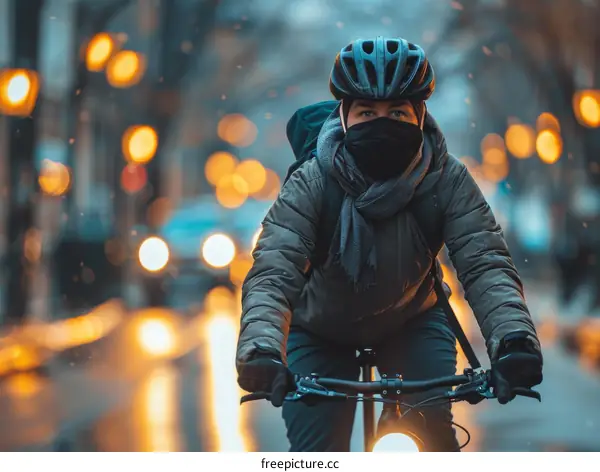 Cyclist wearing a mask rides through the city at night