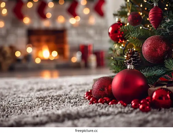 Red and silver Christmas ornaments on a soft gray carpet in front of a decorated Christmas tree with a cozy fireplace in the background