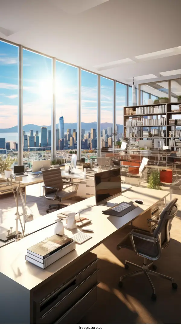 Office interior with a view of the city
