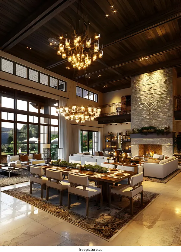 Luxury Home Interior Design with Large Chandelier and Fireplace