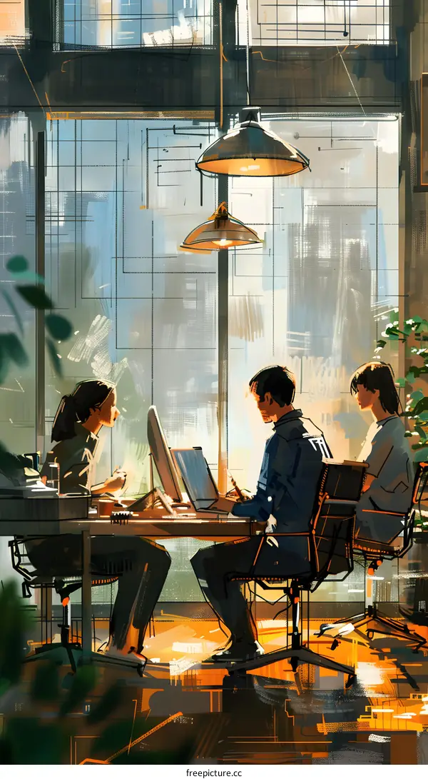 Three people working together in an office