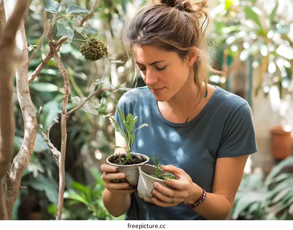 Woman Holding Two Small Plants in Pots