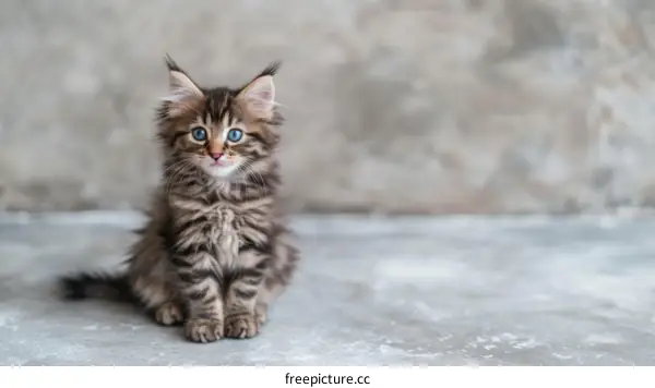 A cute tabby kitten with blue eyes is sitting on the floor