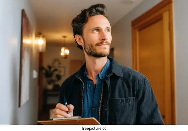 Caucasian Man Taking Notes in a Hallway