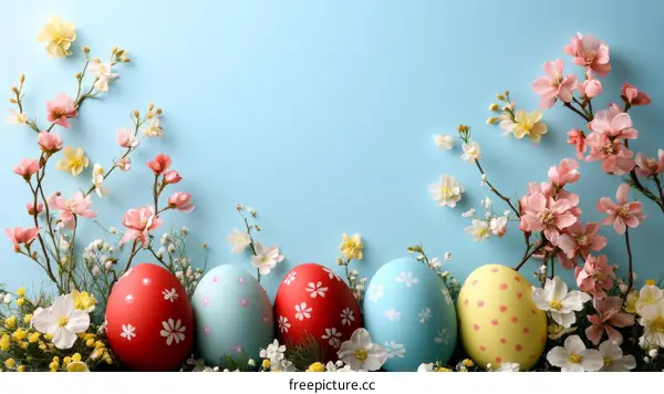 Easter Eggs with Spring Flowers on Light Blue Background