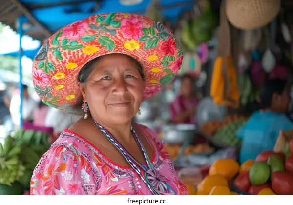 Portrait of a smiling woman wearing a traditional Mexican hat
