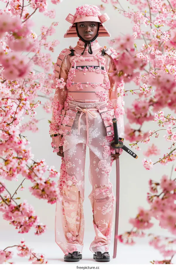 Black model wearing pink samurai armor with cherry blossoms