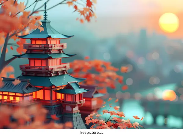 Japanese Pagoda amidst Autumn Foliage