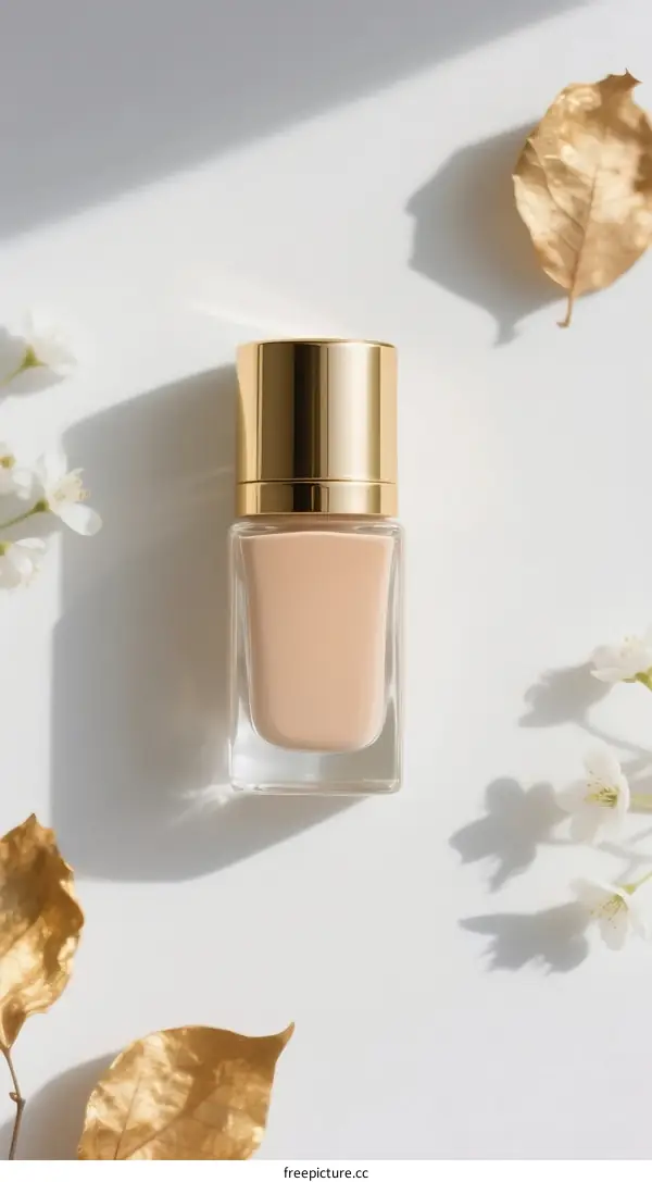 Elegant beige liquid foundation with golden cap on white background