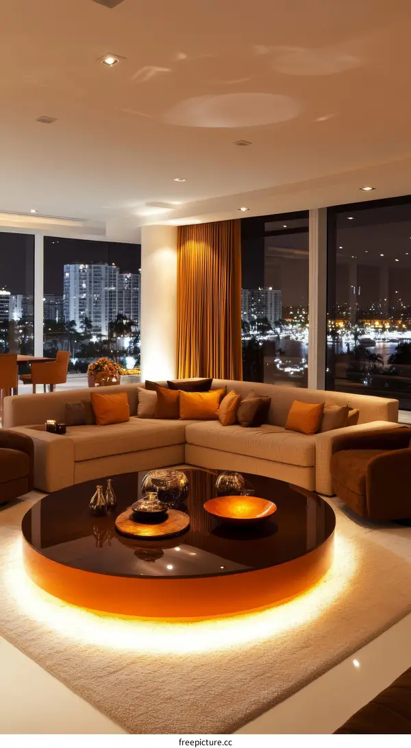 Modern Luxury Living Room at Night with Circular Coffee Table