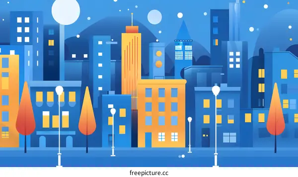 Night Cityscape with Buildings and Trees