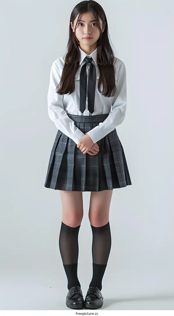 Young Asian Woman in Uniform Posing on White Background