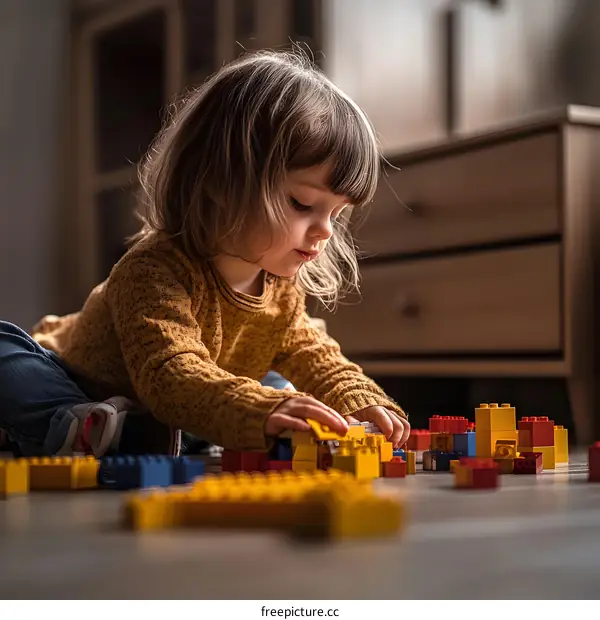Little Girl Playing With Building Blocks